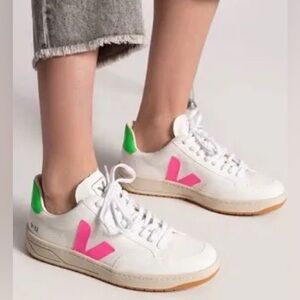 Veja V-12 White, Pink, and Green Sneakers